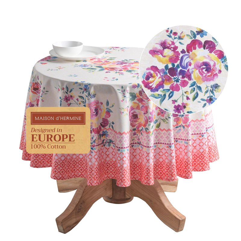 Maison d' Hermine Table Cloth Round Table 100% Cotton 63 Round Inches Tablecloth Reusable Decorative for Dining Kitchen Room Farmhouse Home Gifts for Mothers Day Spring Summer - Rose Garden