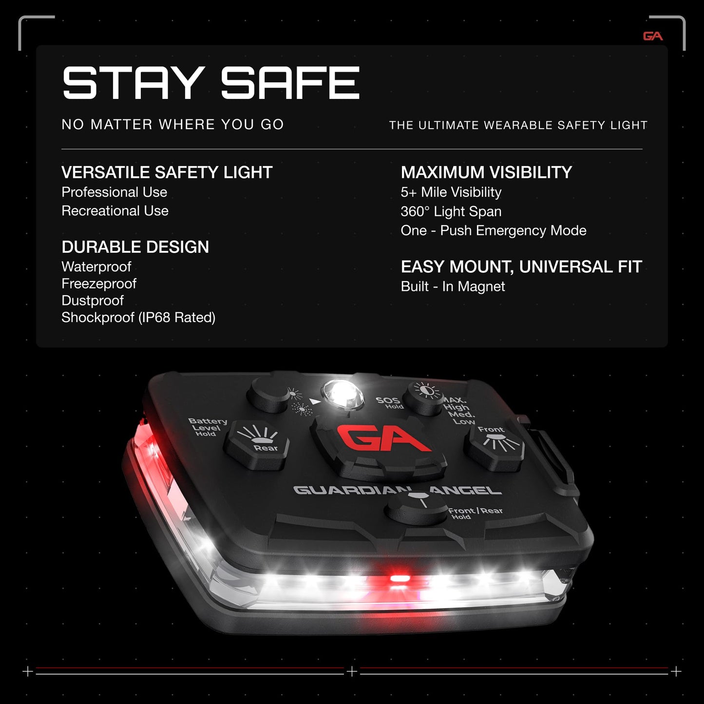 Guardian Angel Elite Series Safety Light, Beacon Device (White Front & Red Rear) Rechargeable, Magnetic, Hands-Free Wearable & Mountable LED Flashlight for First Responders, Firefighters & Rescue Ops