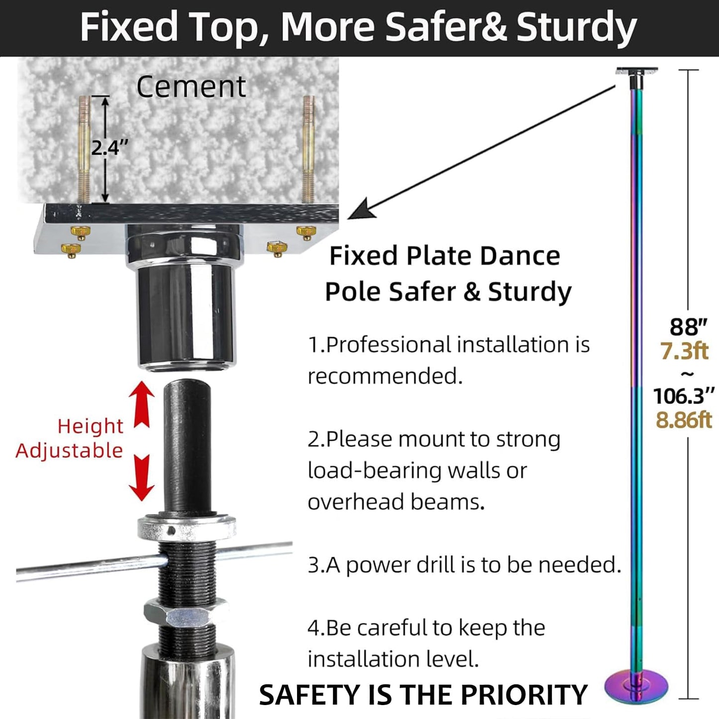 PRIOR FITNESS Fixed Dance Pole Kit Safer & Sturdy, Premium 45mm Spinning & Static Dancing Pole Heavy-Duty Steel, Adjustable Height 7.3ft to 8.86ft Professional Grade Excellent for Home Exercise Studio