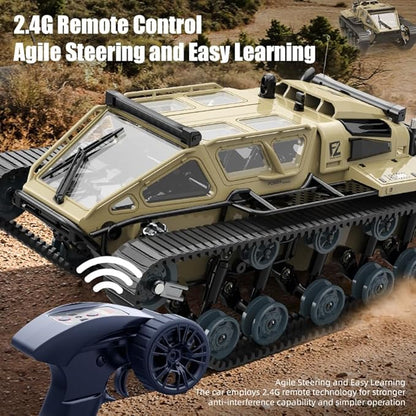 RC Tank Car 1:16 Remote Control Crawler 10KM/H High Speed Tank 2.4Ghz RC Rock Crawler Off-Road 4WD 360°Rotating Drifting Car with 2 Batteries Military Truck Toy for Kids