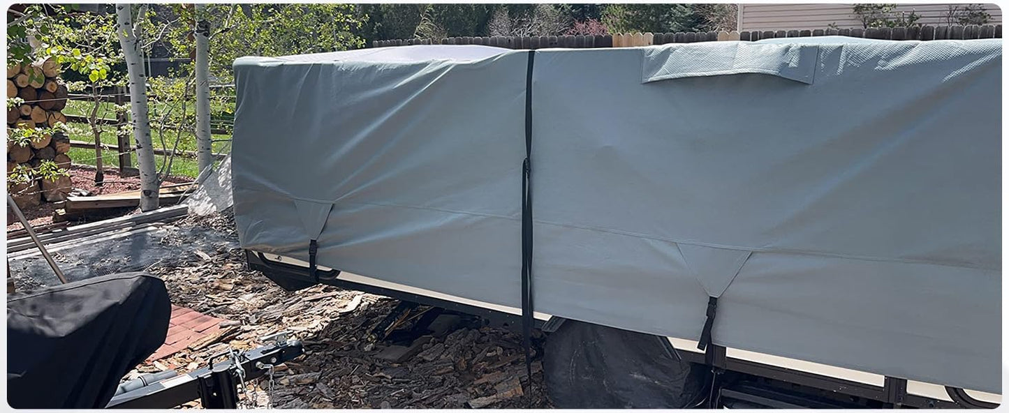 Tuszom 7 Layers Pop Up Camper Cover, Waterproof Folding Camping Trailer Cover for Winter Snow Upgraded Tearproof RV Cover with Windproof 5+2 Straps (7 Layers Non-Woven Fabric, 14'-16' Length), Gray