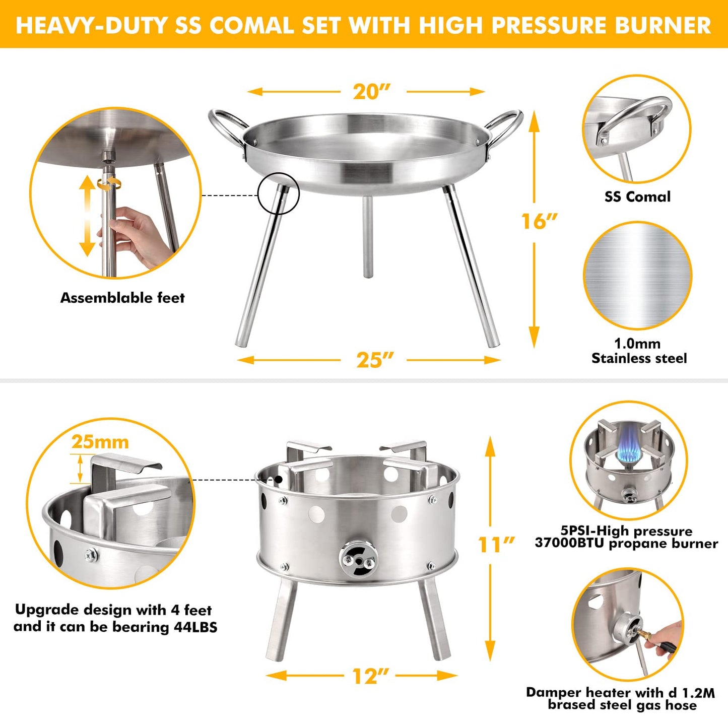 AOSION Heavy Duty 21" Stainless Steel Single Burner Propane Stove with Comal Set,37,000 BTU High-Pressure Outdoor Propane Burner Cooker,Discada Disc Cooker,Great for backyard and outdoor cooking.