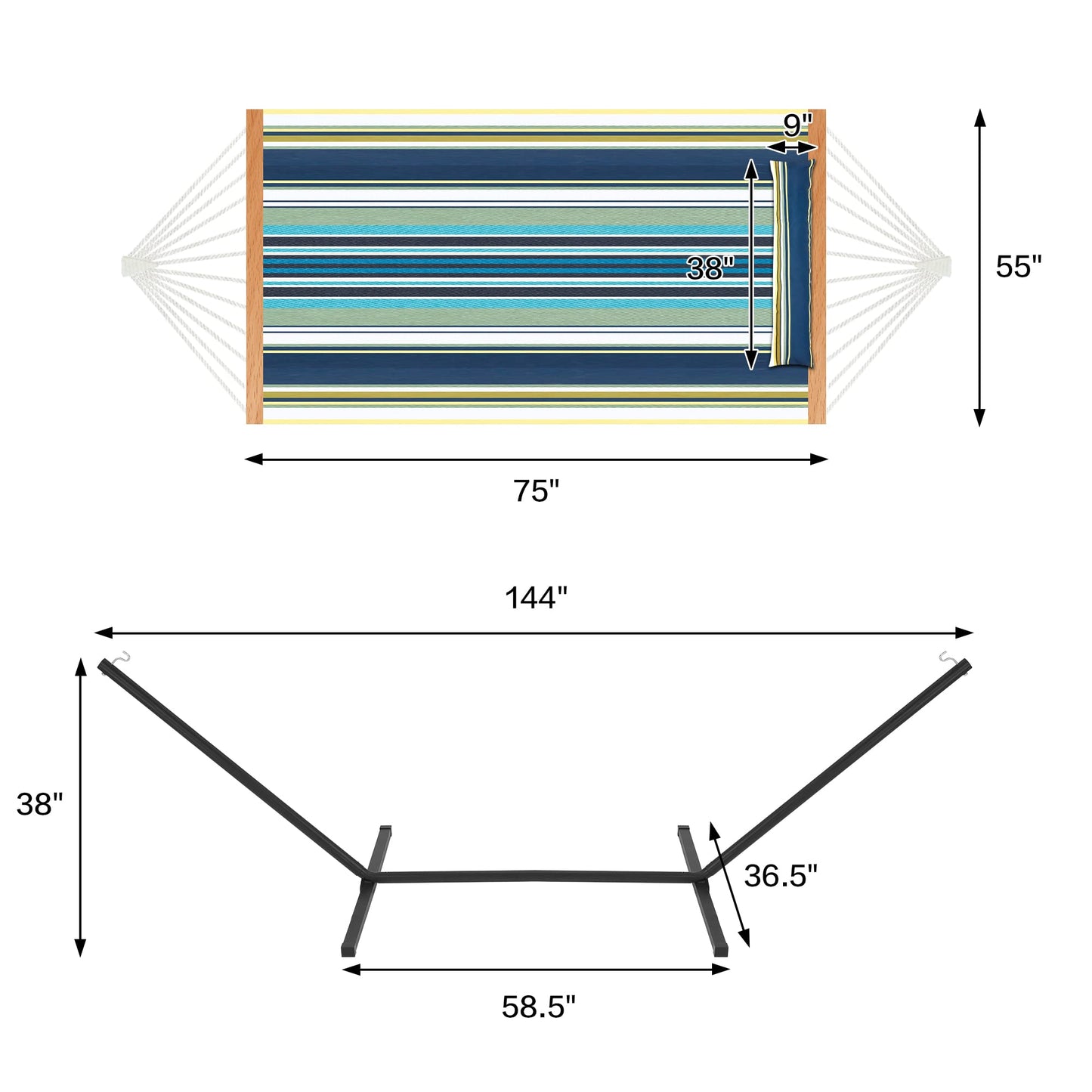 Homgava Two Person Hammock with Stand for Outside Heavy Duty, Outdoor Patio Hammock with Portable Steel Stand, Large Double Hammocks,480lbs Capacity.(Grey Stripes)