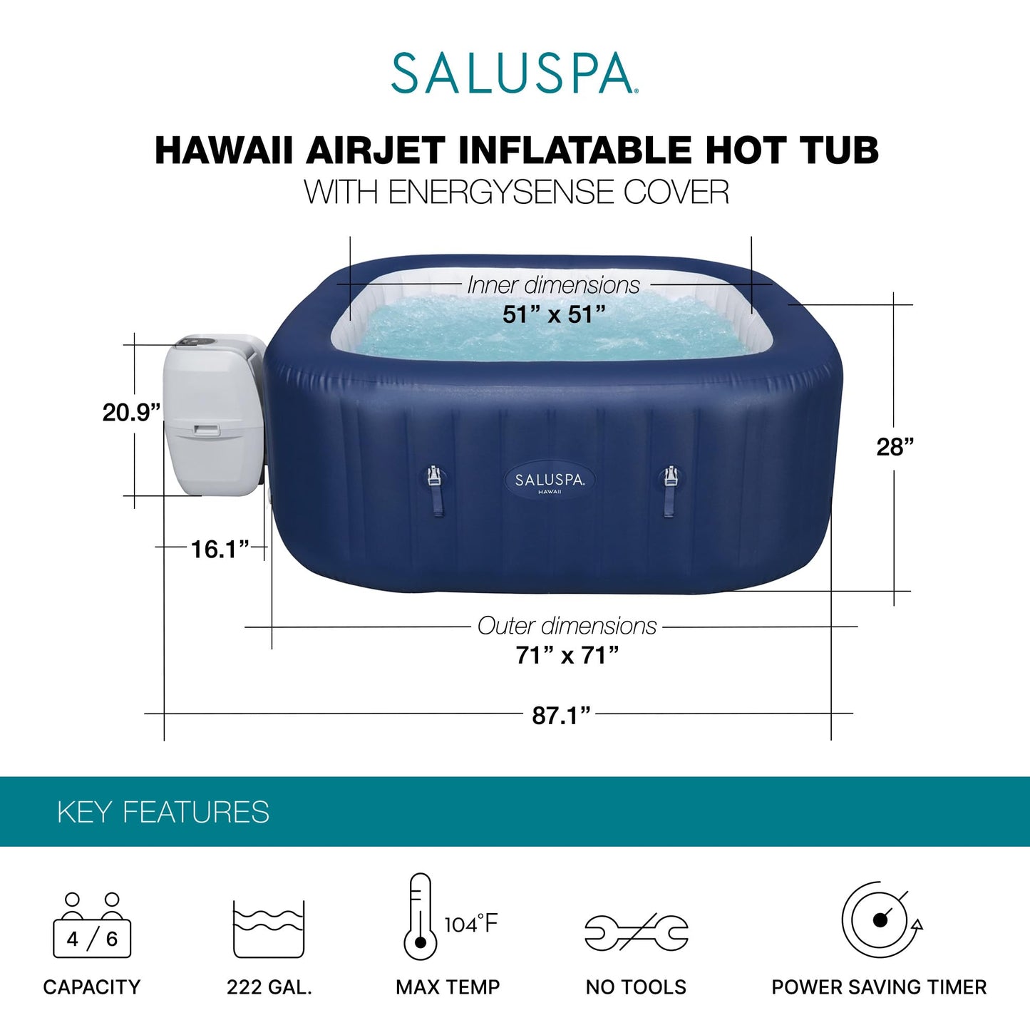 Bestway SaluSpa Hawaii AirJet 4 to 6 Person Inflatable Hot Tub Square Portable Outdoor Spa with 140 AirJets and EnergySense Energy Saving Cover, Blue