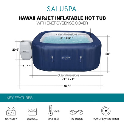Bestway SaluSpa Hawaii AirJet 4 to 6 Person Inflatable Hot Tub Square Portable Outdoor Spa with 140 AirJets and EnergySense Energy Saving Cover, Blue