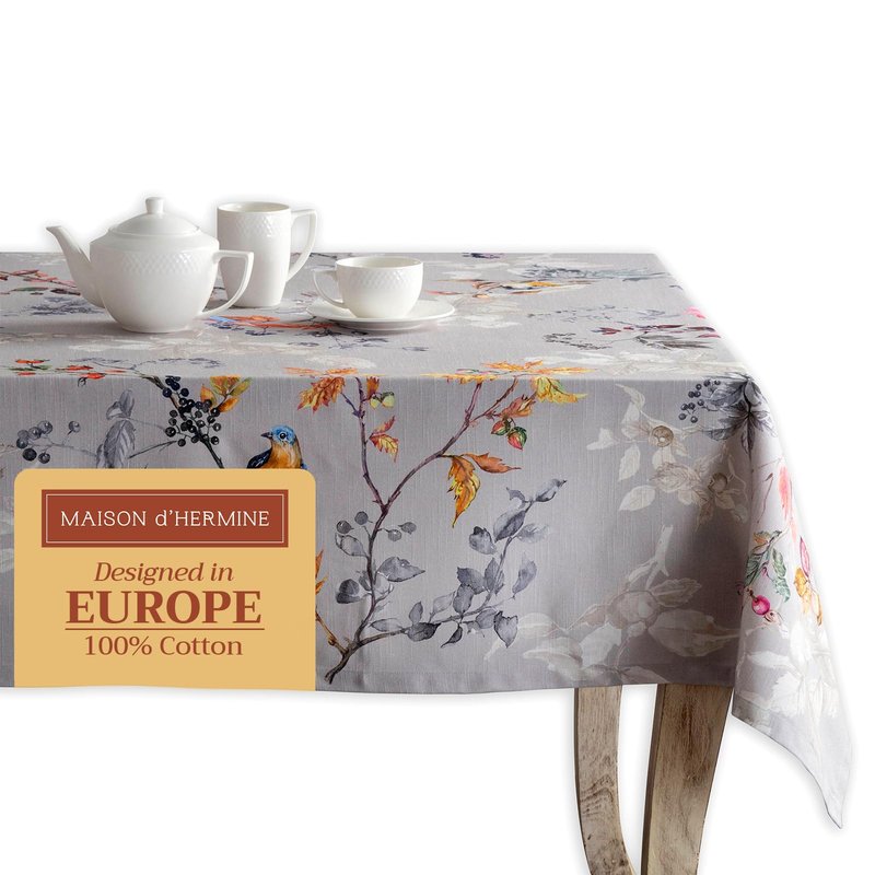 Maison d' Hermine Table Cloth Rectangle Table 100% Cotton 60 x 120 Inches Fall Tablecloth Reusable Everyday Use for Thanksgiving Christmas Decorations Dining Farmhouse Party (Equinoxe - Grey)