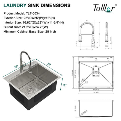 Talllor 25 Inch Drop In Laundry Sink with Faucet - 12" Deep Workstation 16 Gauge T-304 Stainless Steel Single Bowl Utility Sink with All-In One Accessories for Laundry Room, Outdoor, Garage #TLT-0063