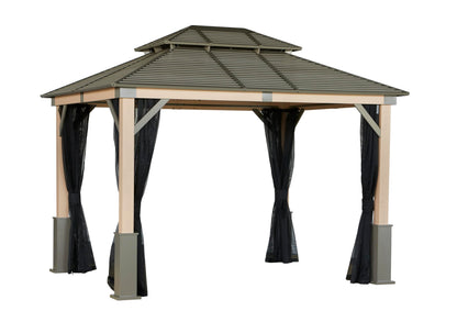 Tommy Bahama Edition Cove 10' x 12' Outdoor Hardtop Gazebo Pavilion for Backyard or Patio, Heavy-Duty Galvanized Steel Double Roof Gazebo, Wood Grain Finish
