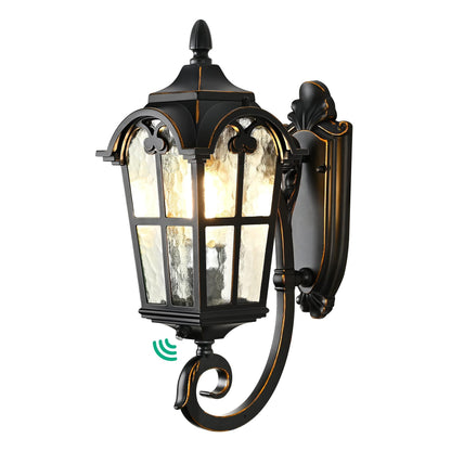 EDISHINE Dusk to Dawn Outdoor Wall Light Fixture, 17in Black Roman Lantern, Waterproof with Water Ripple Glass, Model HOWL06G