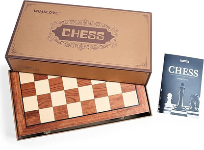 VAMSLOVE Chess Set Large 16''/42cm Folding Wooden Board with Deluxe Weighted Acrylic Chess Pieces - 3.5 King with Storage Slots for Adults House Warming Retirement Gift