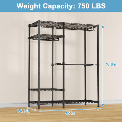 Ulif F7 Medium Garment Rack, Heavy Duty Clothes Rack, Clothing Racks for Hanging Clothes, 6-Tiers Freestanding Portable Closet Storage Rack 45'' W × 14.6'' D × 76.6'' H, Max Load 750 Lbs, Black