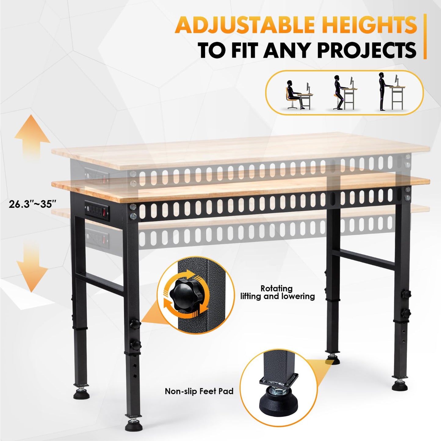 48" Height Adjustable Workbench, 2000 LBS Load Capacity Rubber Wood Top Workstation with Power Outlet and Foot Pads, Heavy-Duty Hardwood Worktable for Garage Workshop (with Foot Pads and Socket,48'')