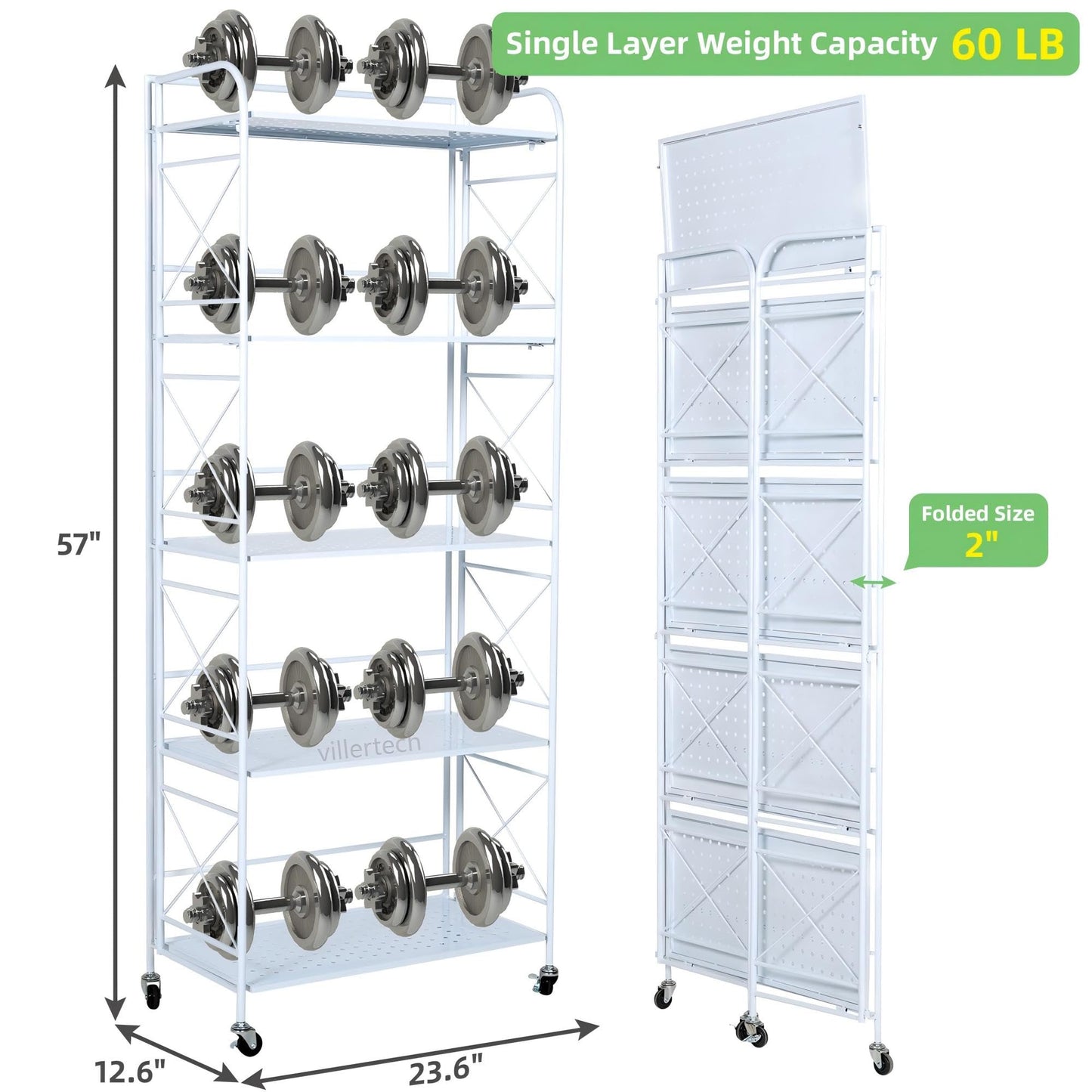 villertech Foldable 5-Tier Metal Shelf with Wheels - Folding Bookshelf Unit for Living Room, Kitchen, Study 12.6" D x 23.6" W x 57.0" H, Glossy White