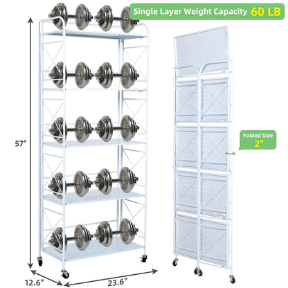 villertech Foldable 5-Tier Metal Shelf with Wheels - Folding Bookshelf Unit for Living Room, Kitchen, Study 12.6" D x 23.6" W x 57.0" H, Glossy White