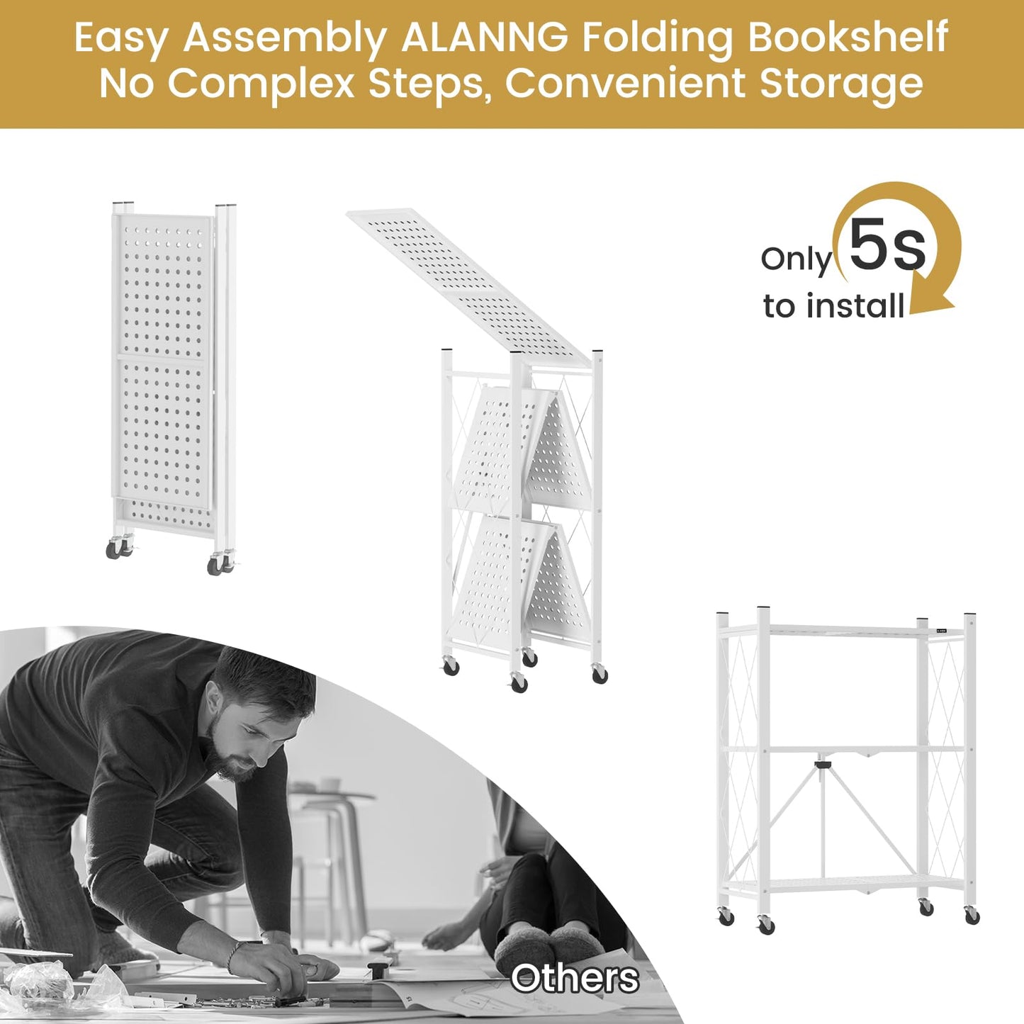 ALANNG 3 Tier Folding Storage Shelves with Wheels, 2 Pack (Black + White)