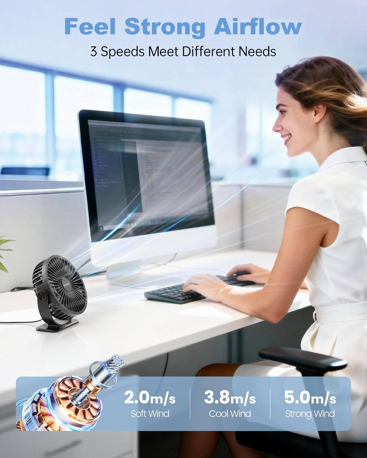 TriPole USB Powered Desk Fan - Portable Mini Fan with 3 Adjustable Speeds & 360° Rotation | Black, 4.9ft Cable