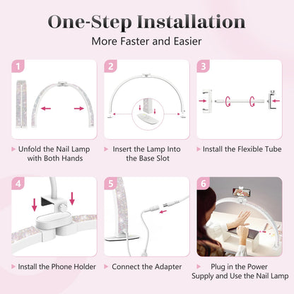 Yokilly Half Moon Nail Desk Lamp - 23in Foldable with Phone Holder, 3 Color Modes, 10 Brightness Levels, Small, Crystal Diamond