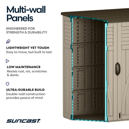 Suncast Outdoor Storage Shed, Water Resistant Resin Vertical Outdoor Storage Cabinet for Patio, Garden Tools, Cushions, & Equipment, Weatherproof Multi-Wall Design, 54 cu. ft., Made in USA