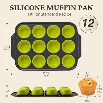 BRONYPRO Silicone Muffin Pans - Nonstick Egg Bite Maker & Cupcake Molds | 12 Regular Size, Lime Green