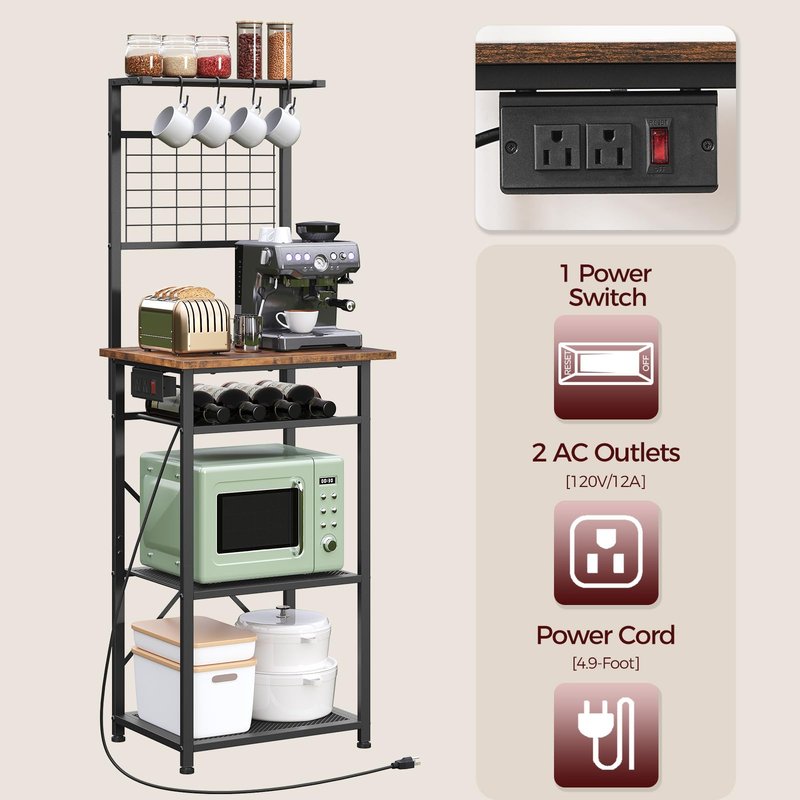 MAHANCRIS Bakers Rack with Power Outlet, Coffee Bar Station with Wine Rack, Bakers Racks for Small Spaces, Microwave Stand for Kitchen, Rustic Brown and Black BRHR23E01
