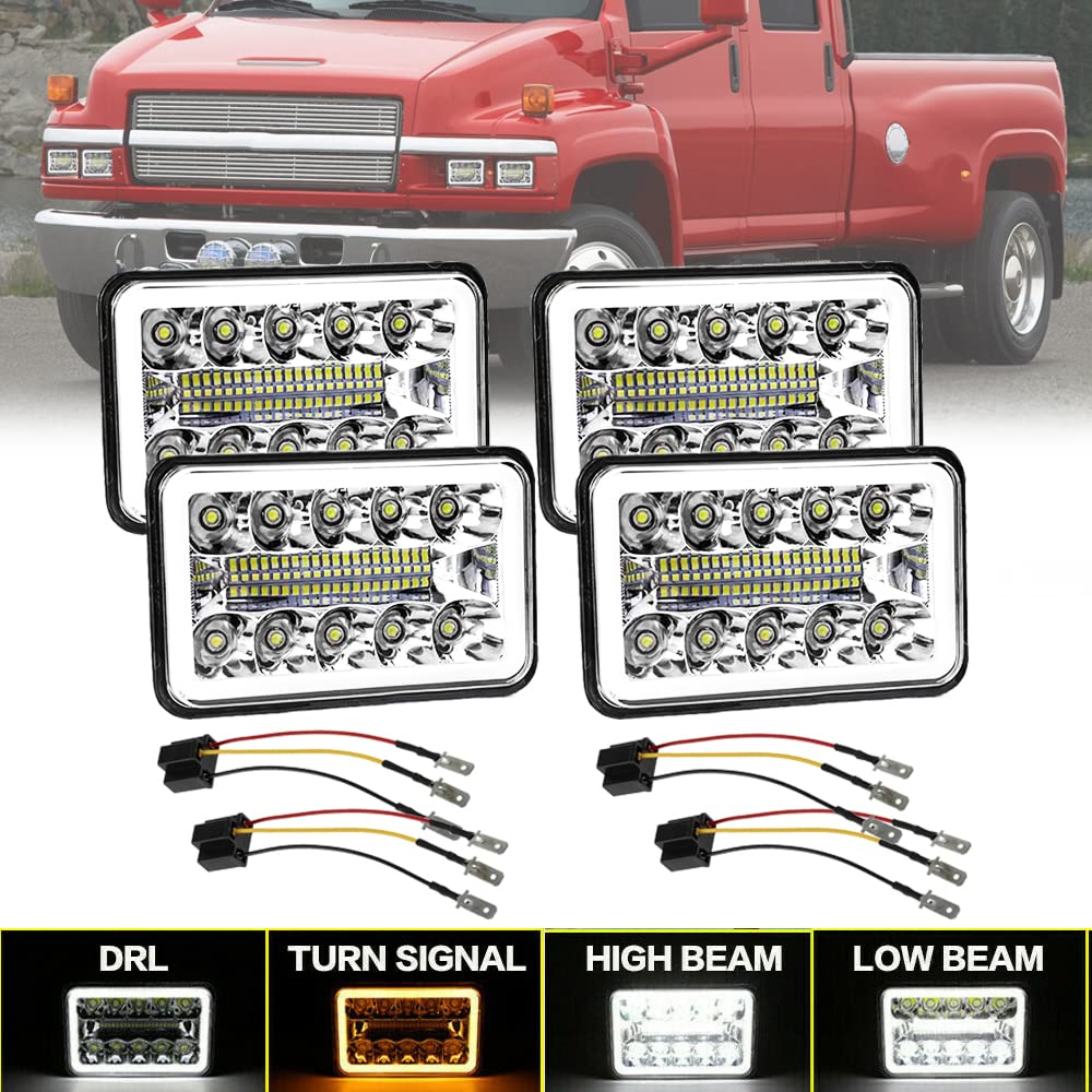 AMUNIESUN 4PCS 4X6 Inch LED Headlights Compatible With Chevrolet Chevy C4500 C5500 Kodiak,Rectangular Sealed Beam DRL Turn Signal Light Replace H4651 H4652 H4656 H4666 H6545 H4668 H4642 Light
