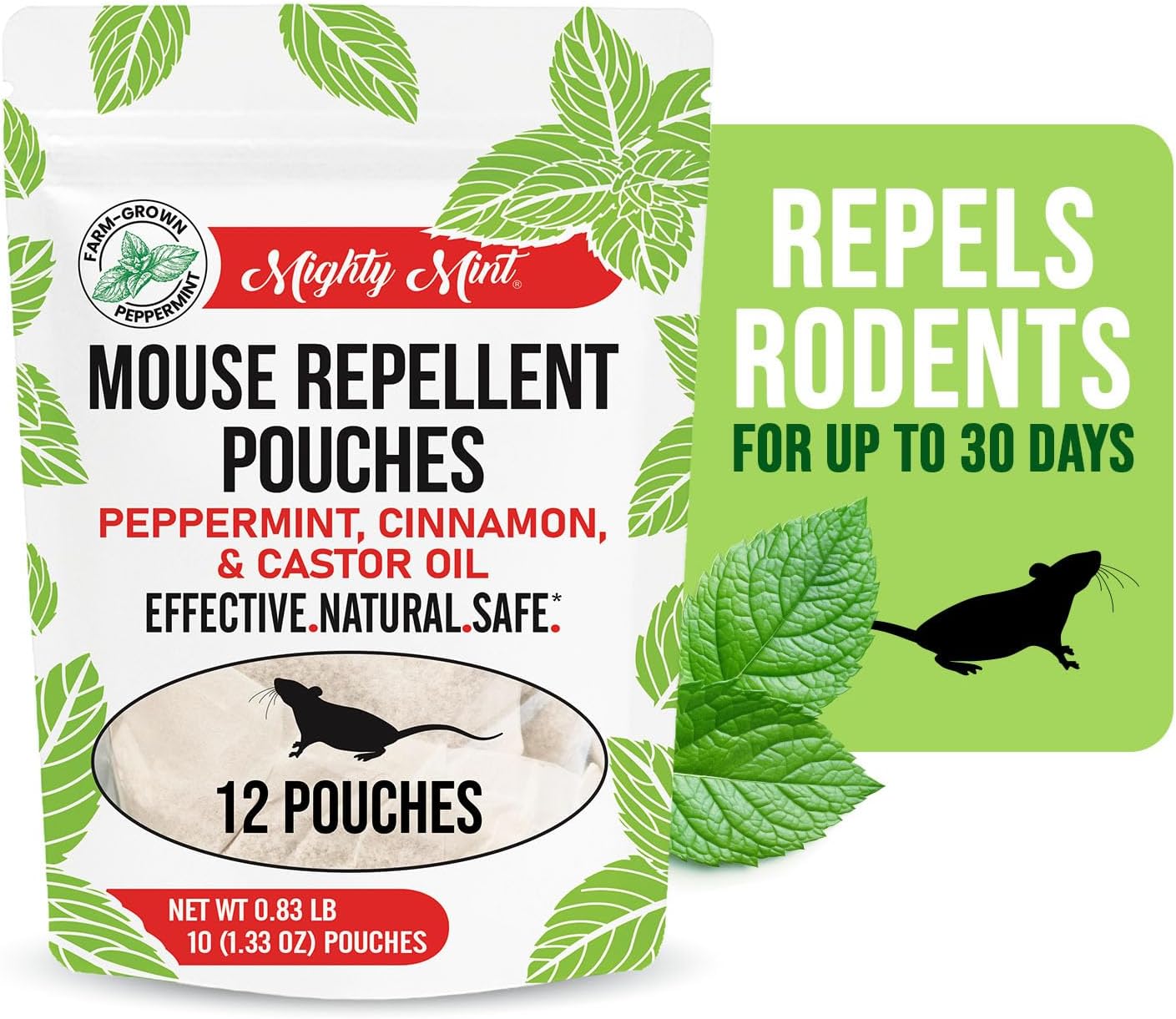 Mighty Mint Mouse Repellent Pouches - Natural Peppermint & Cinnamon Formula - 12 Count Plant-Based Indoor Deterrent