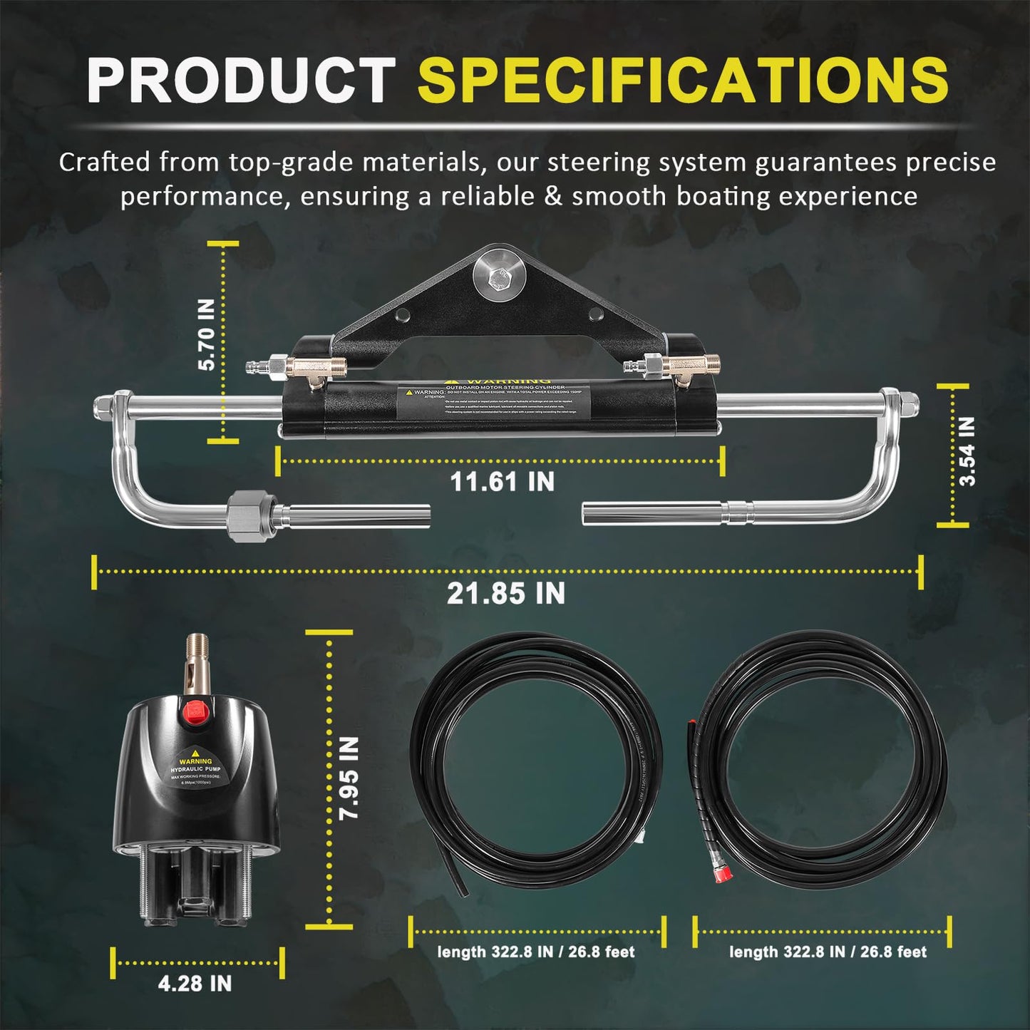 Hydraulic Steering Kit 150HP for Outboard Boat Engines -409.7kgf Output,26.8ft Cuttable Hose,6.9MPa Helm, Dual-Lock Cylinder -For Yamaha/Mercury/Honda/Suzuki/Single Engine Outboards,For 3/4" Tilt Tube