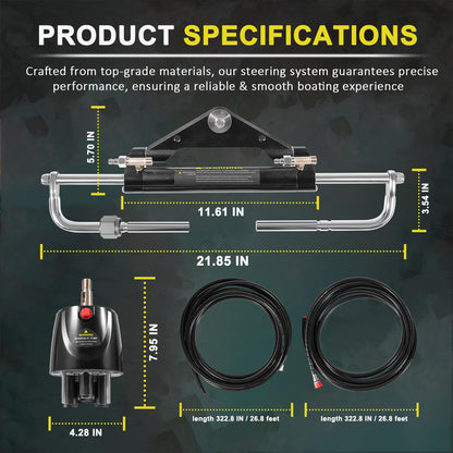 Hydraulic Steering Kit 150HP for Outboard Boat Engines -409.7kgf Output,26.8ft Cuttable Hose,6.9MPa Helm, Dual-Lock Cylinder -For Yamaha/Mercury/Honda/Suzuki/Single Engine Outboards,For 3/4" Tilt Tube