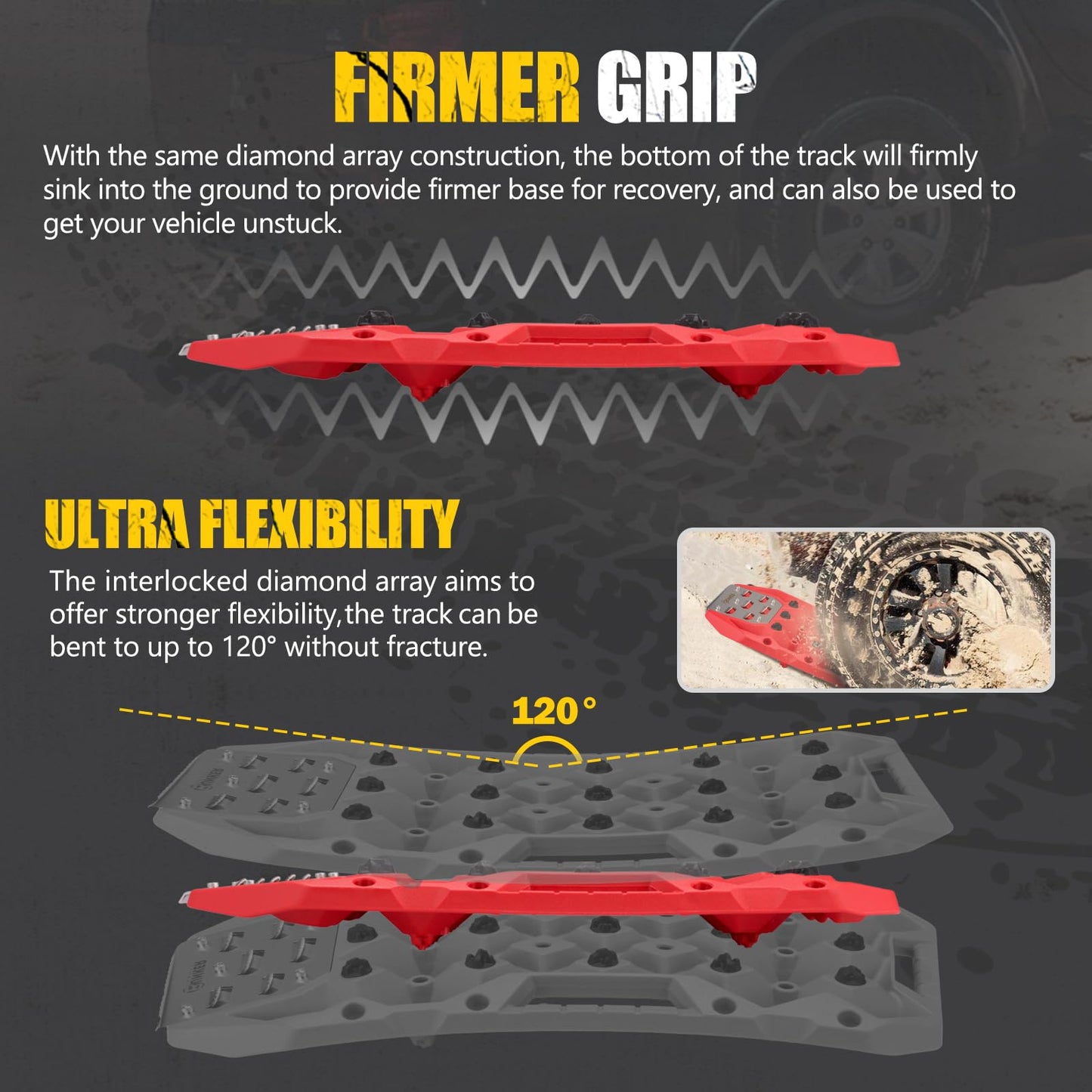 BUNKER INDUST Offroad Traction Boards with Jack Base, Pair Portable Recovery Track Tire Traction Mat - Red Sand,Mud,Snow Tracks(Replaceable Dual Colors Teeth/Rugged Steel Plate), Gen 12th