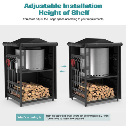 Bknius Storage Station for Solo Stove Bonfire 2.0, Yukon, Ranger, Storage for Fire Pit Tools and Accessories, Firewood Rack Outdoor with Waterproof Cover, Iron Black