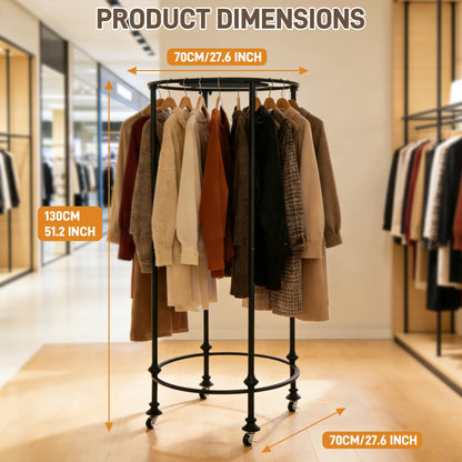 Gereat Dual-Form Rolling Round Clothing Rack, 330LBS Heavy Duty Garment Rack with Wheels or Leveling Feet, Rotating Commercial Retail Display Rack with Wood Topper for Boutique & Laundry Room