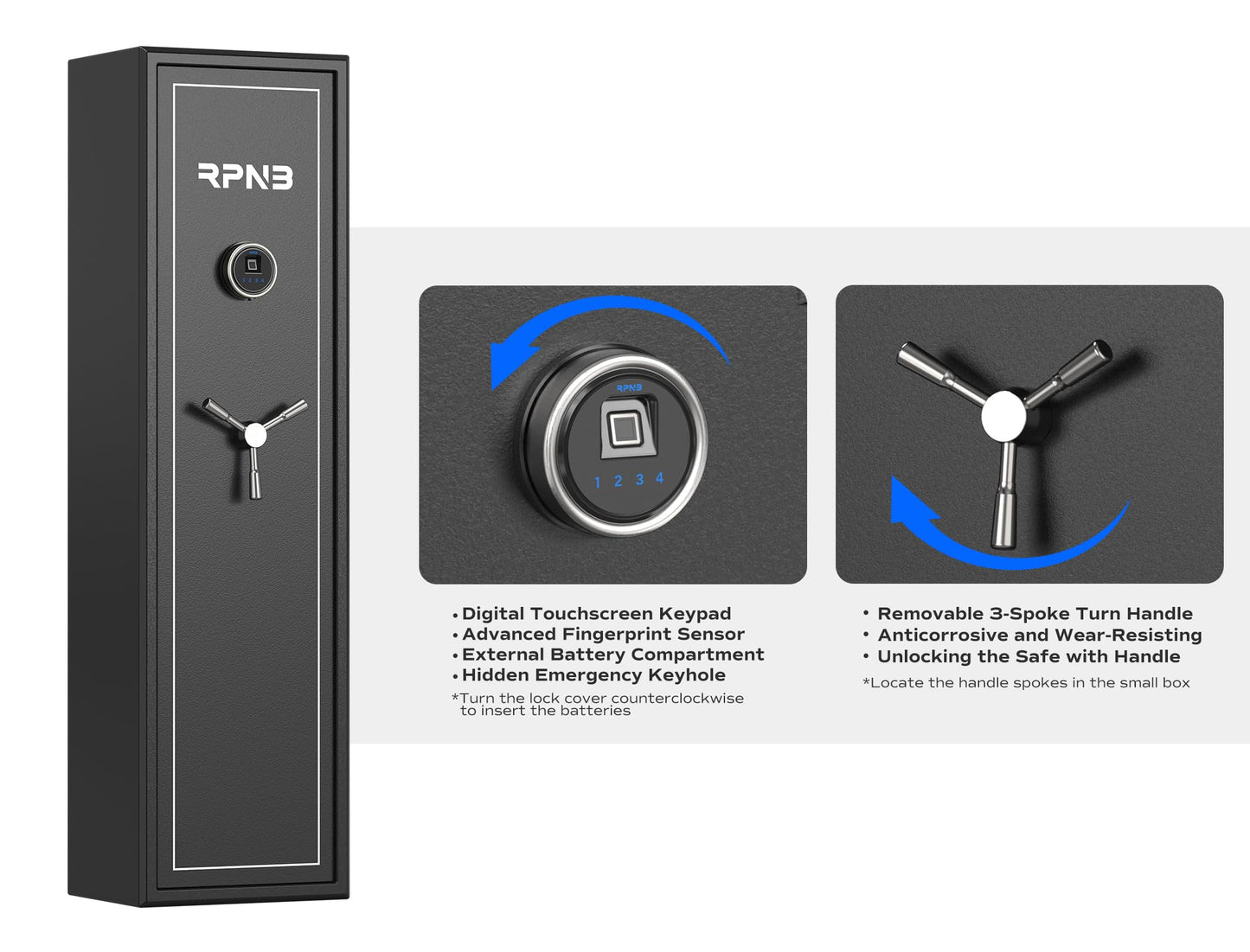 RPNB Large Biometric Rifle Safe,7-Gun Electronic Gun Security Cabinet,Quick Access Fingerprint Long Metal Rifle Gun Security Cabinet with 3 Spoke Safe Handle,Door Organizer,Separate Pistol/Ammo Area