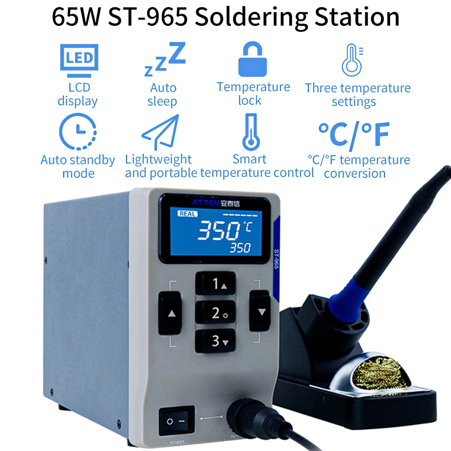 ATTEN ST-965 Soldering Station, Digital Display Welding Station, Equipped with Automatic Sleep Function and ℃/℉ Switching, Suitable for Mobile Phone Chip and Electronic Repair. 110V 65W