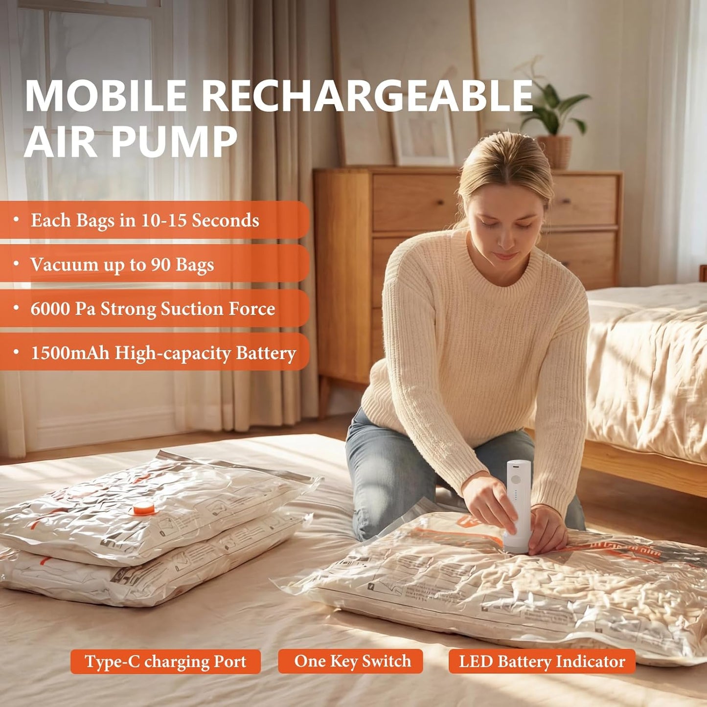 NESCCI Vacuum Bags - Travel Compression Packing Bags with Rechargeable Air Pump | 24 Pcs Carry-On Size