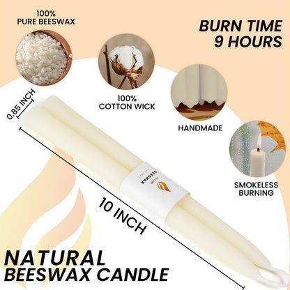 AGLARY 10 Pack White Pure Beeswax Taper Candles 10-Inch, Unscented with Cotton Wicks - Air Purifying, Recyclable Paper Box.
