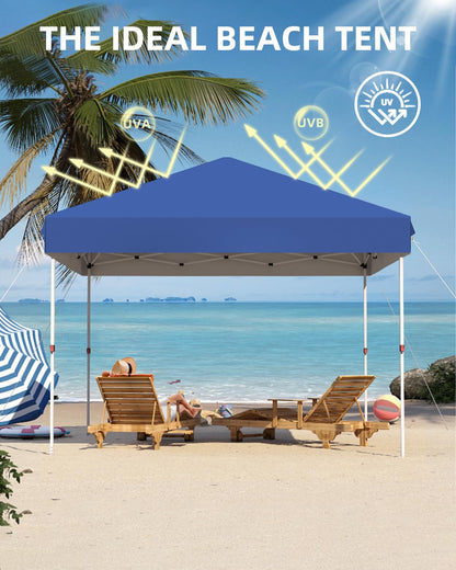 GarveeLife 10x10 Pop Up Canopy with One Button Push Setup - Heavy Duty Outdoor Canopy Tent with Portable Roller Bag - 3 Adjustable Height, 4 Weight Bags, 8 Stakes & 4 Guy Ropes Included, Blue