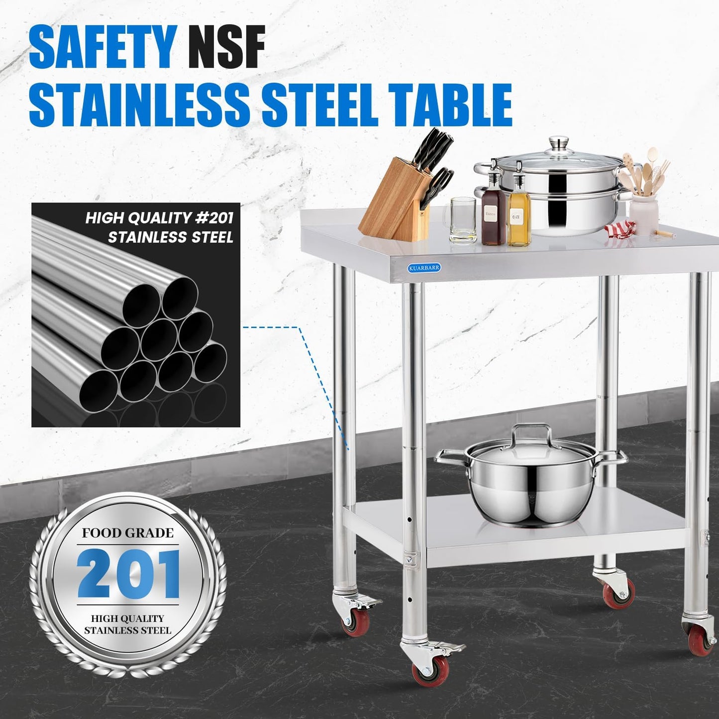 KUARBARR Stainless Steel Table for Prep & Work with 4 Caster Wheels with Backsplash 24 x 30 NSF Metal Commercial Kitchen Adjustable Under Shelf Worktable for Restaurant Home Outdoor