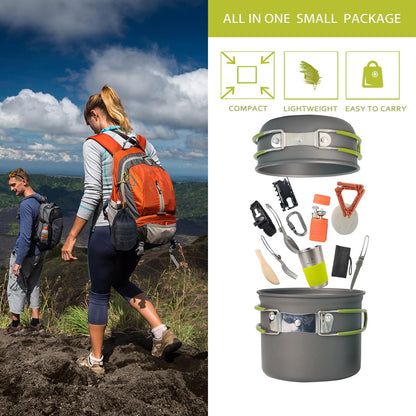WAILAMHK Camping Cookware Mess Kit, 16 pcs Backpacking Cooking Set, Lightweight Camping Pots and Stove Set for 1-2 Person, Outdoor Cooking Gear Ideal for Camping, Hiking, Backpacking and Picnic