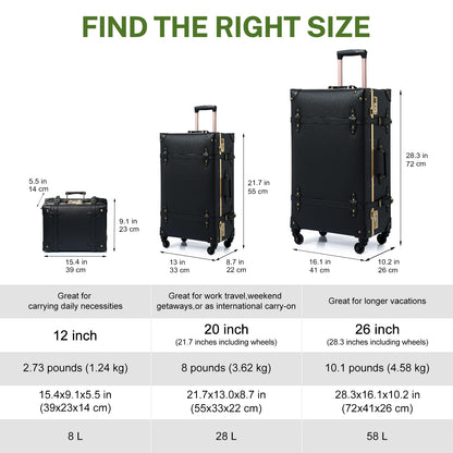 urecity Designer Vintage Trunk Combination Luggage Sets of 2 Piece, Hard Shell Retro Travel Suitcase with Wheels (Black, 20"+12")