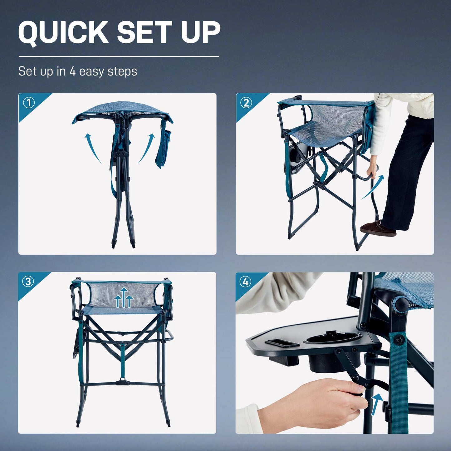EVER ADVANCED Portable 30.7" Seat Height Tall Folding Camping Chair Directors Chair High Foldable Bar Stool with Side Table for Makeup Artist, Sports Event, Craft Show, Stretch Mesh, Supports 350LBS