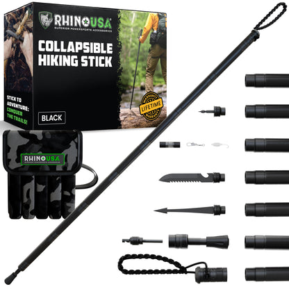 Rhino USA Modular Tactical Walking Stick and Hiking Staff with Integrated Survival Kit for Hiking, Camping and Trekking, Adjustable Tactical Stick with Compass and Fire Starter for Camping and Hunting