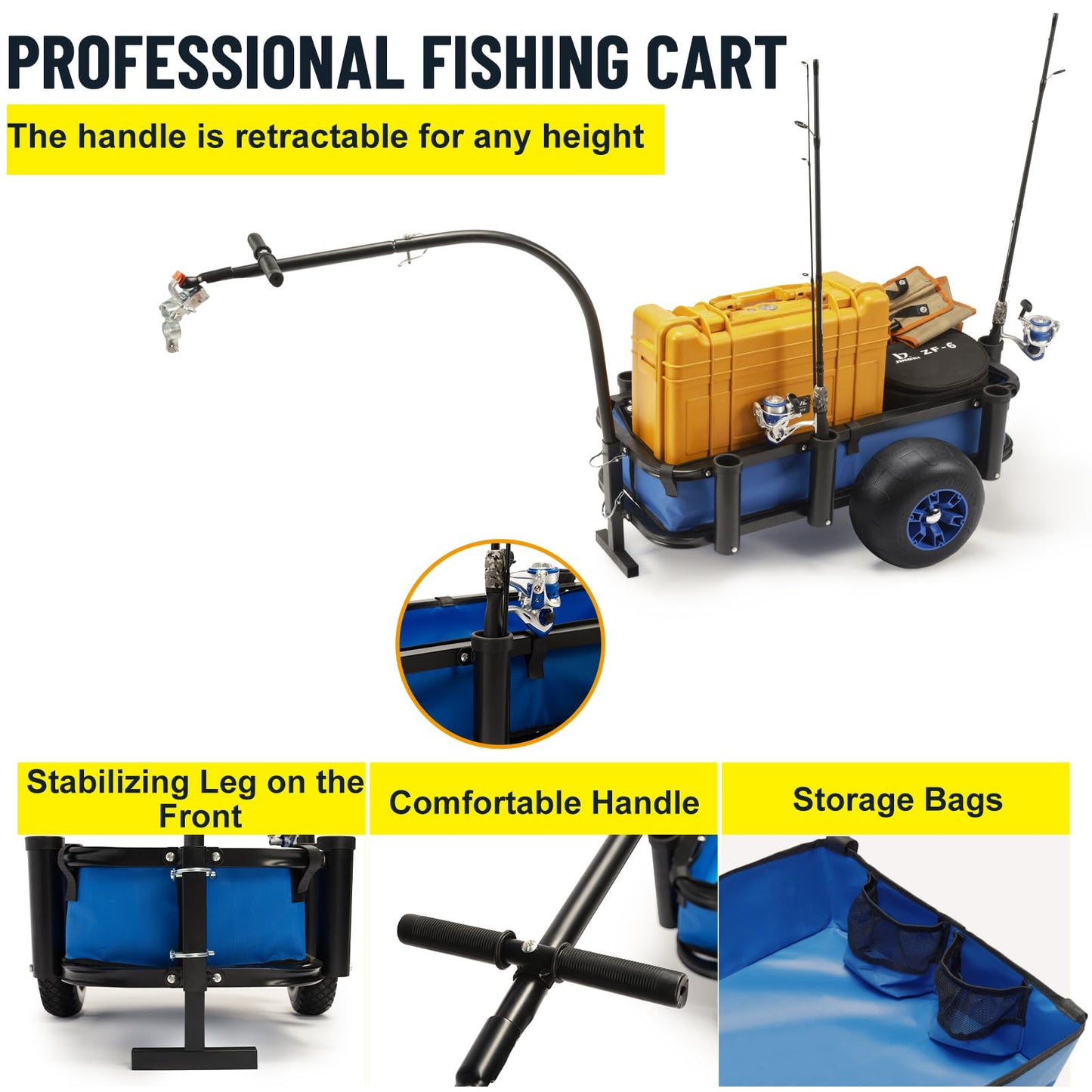 ONECHOI Beach Fishing Cart, 13" Big Wheels Black PU Solid Balloon Tires for Sand, Fishing Wagon Cart Large Capacity with 32-1/4" L x 16" W Liner and PP Plate, Heavy Duty Surf Cart w/Bicycle Hitch