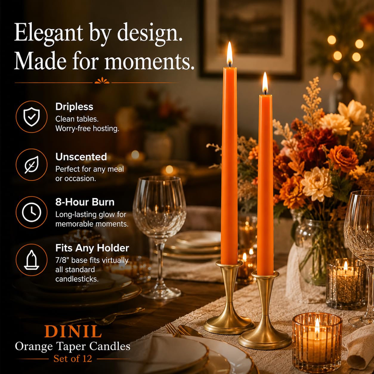 Dinil Orange Taper Candles - 10 Inch Unscented Dripless Smokeless Candlesticks Set of 12 | Perfect for Fall, Halloween, Thanksgiving, Dinner, Wedding and Party Decoration
