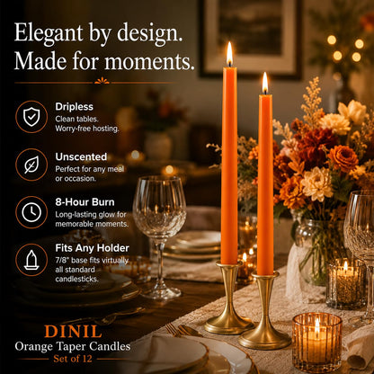 Dinil Orange Taper Candles - 10 Inch Unscented Dripless Smokeless Candlesticks Set of 12 | Perfect for Fall, Halloween, Thanksgiving, Dinner, Wedding and Party Decoration