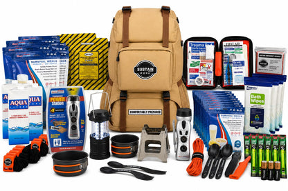 Sustain Supply 70492, 4-Person Emergency Comfort Kit – 72-Hour Survival Backpack w/Long-Shelf Food & Water, First Aid, Lighting, Tools & Emergency Supplies for Disaster Preparedness
