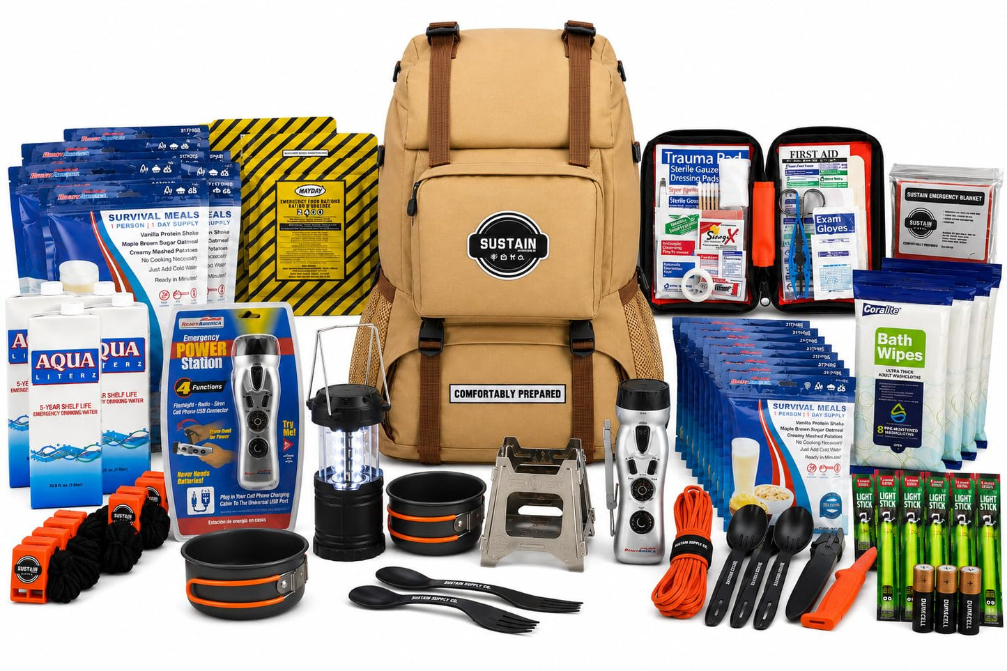 Sustain Supply 70492, 4-Person Emergency Comfort Kit – 72-Hour Survival Backpack w/Long-Shelf Food & Water, First Aid, Lighting, Tools & Emergency Supplies for Disaster Preparedness
