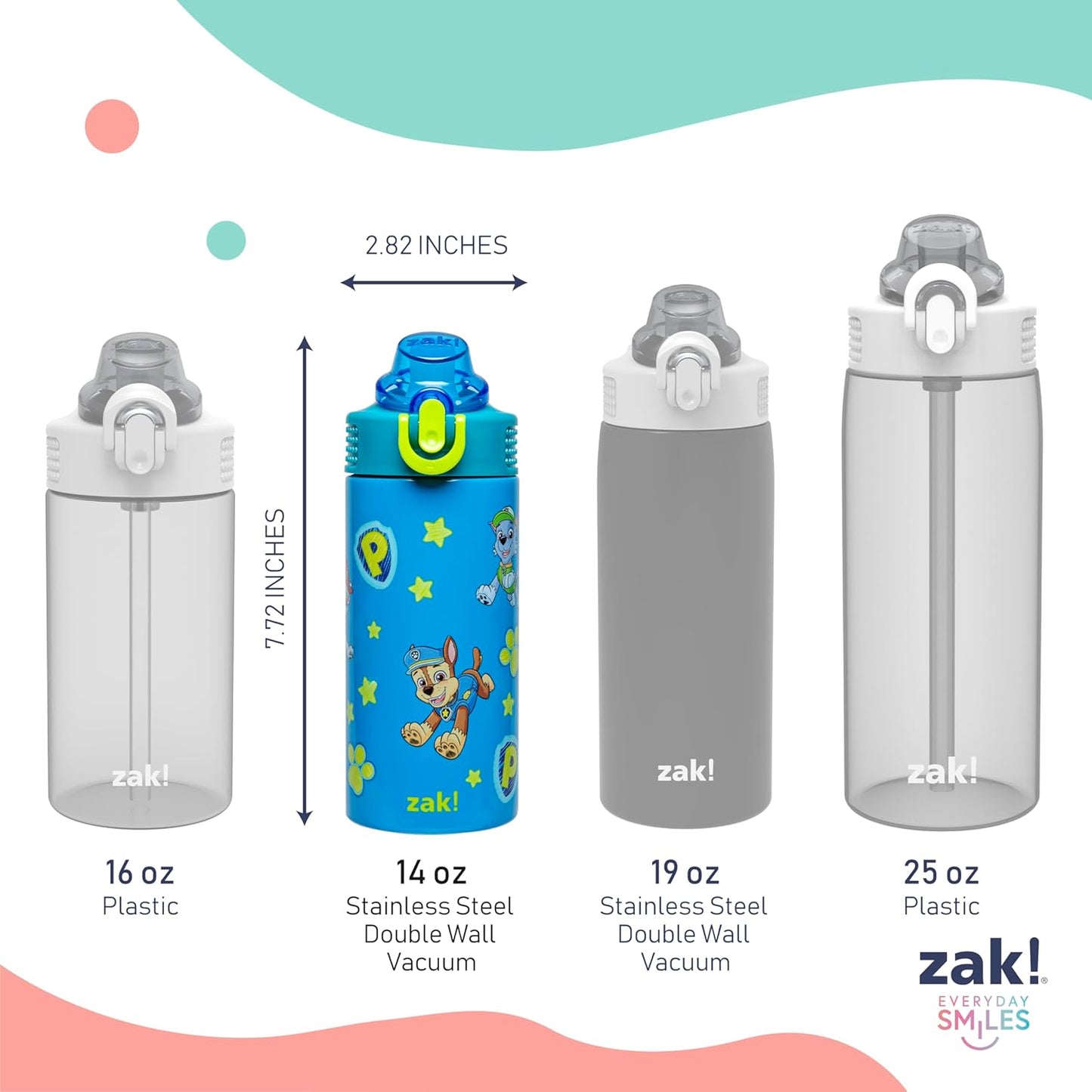 Zak Designs PAW Patrol Kids Water Bottle - 14oz Stainless Steel with Straw & Leak-Proof Spout | Sage Color