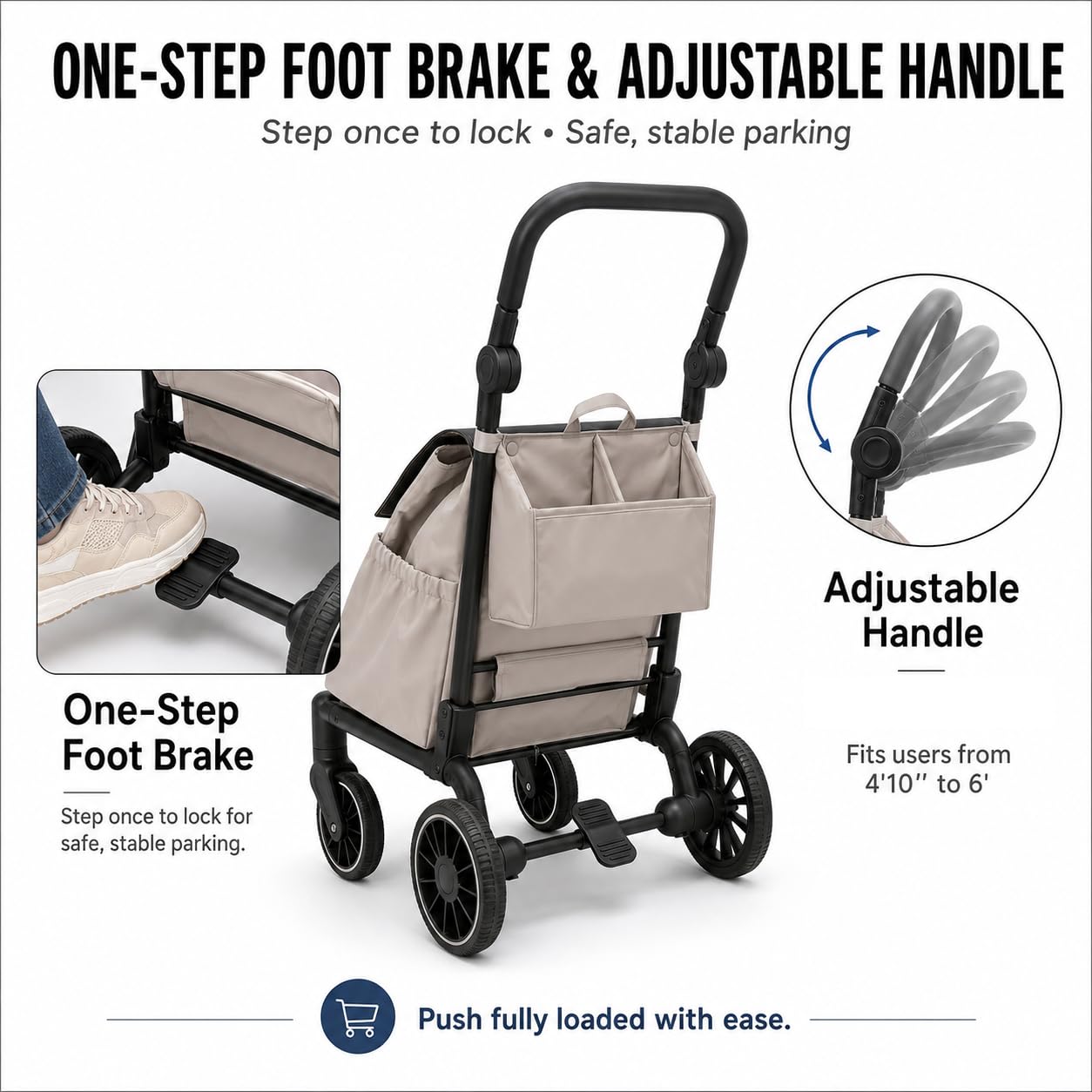 Foldeavor Stroller-Grade Folding Shopping Cart with One-Step Foot Brake, Smooth-Glide Large EVA Wheels, 35L Water-Resistant Grocery Bag, 110 lbs Heavy Duty Foldable Utility Trolley