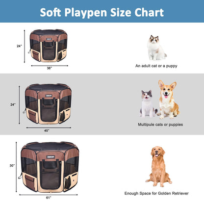 JESPET 61" Pet Dog Playpens, Portable Soft Dog Exercise Pen Kennel with Carry Bag for Puppy Cats Kittens Rabbits, Brown