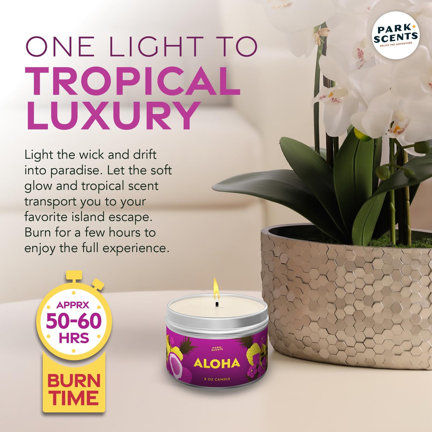 Park Scents Aloha Candle - Authentic Smell of The Hawaiian Aulani Resort Hotel Lobby - Soft Fruity Notes of Pineapple & Coconut - Handmade in The USA - Natural Soy Blend | 8 oz. Tin